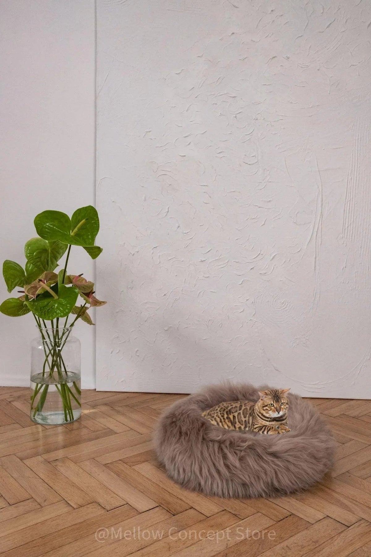 Round Natural Sheepskin Pet Bed - Greige